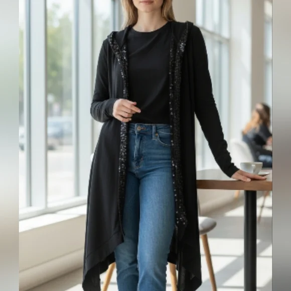 EUC S-Twelve Size 1X Goth Black Hooded Rhinestone Draped Cardigan!! - Picture 2 of 10